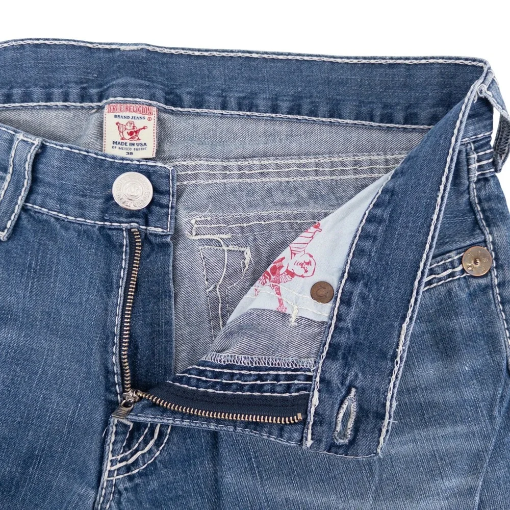 VTG Y2K True Religion Mens 38x33 Ricky Straight Jeans Blue Thick White Stitching
